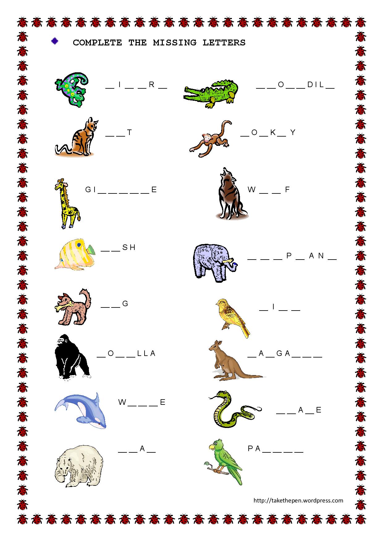complete the missing letters. Animals