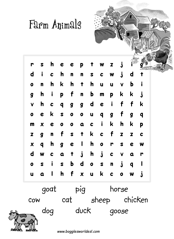 word search. Farm animals